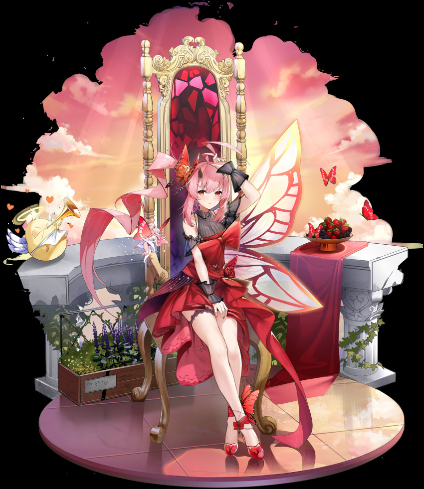 1girl animal arm_up azur_lane balcony bare_legs bare_shoulders bird bug butterfly butterfly_hair_ornament butterfly_wings chick closed_mouth clothing_cutout cloud dress food frilled_thigh_strap fruit full_body gem hair_ornament halo highres ikazuchi_(azur_lane) ikazuchi_(dawn&#039;s_thunder)_(azur_lane) insect insect_wings instrument long_hair looking_at_viewer manjuu_(azur_lane) nail_polish official_alternate_costume official_art ootsuki_momiji pink_hair ponytail red_dress red_eyes red_footwear red_gemstone red_theme reflection ribbed_dress shoulder_cutout side_ponytail single_wing sitting solo strawberry thigh_strap throne transparent_background trumpet very_long_hair wings wrist_cuffs