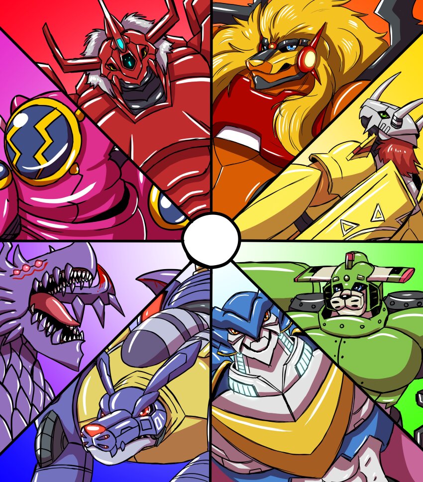 absurdres amphimon android apollomon armor blitzgreymon digimon digimon_(creature) diving_suit dragon full_armor gynoid highres huanglongmon huanglongmon_ruin_mode mecha_girl metalgarurumon red_eyes robot robot_girl saintgalgomon sharp_teeth teeth ulforcev-dramon wargreymon wold