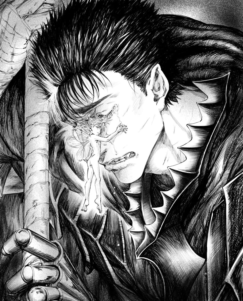 2boys armor bandaged_arm bandages bare_shoulders barefoot berserk berserker_armor black_armor black_cloak black_hair clenched_teeth cloak closed_eyes closed_mouth completely_nude crying fairy fairy_wings floating greyscale guts_(berserk) highres hug male_focus monochrome multicolored_hair multiple_boys nude parted_lips pointy_ears prosthesis prosthetic_arm puck_(berserk) short_hair spiked_hair streaked_hair tears teeth vislsn2 wings