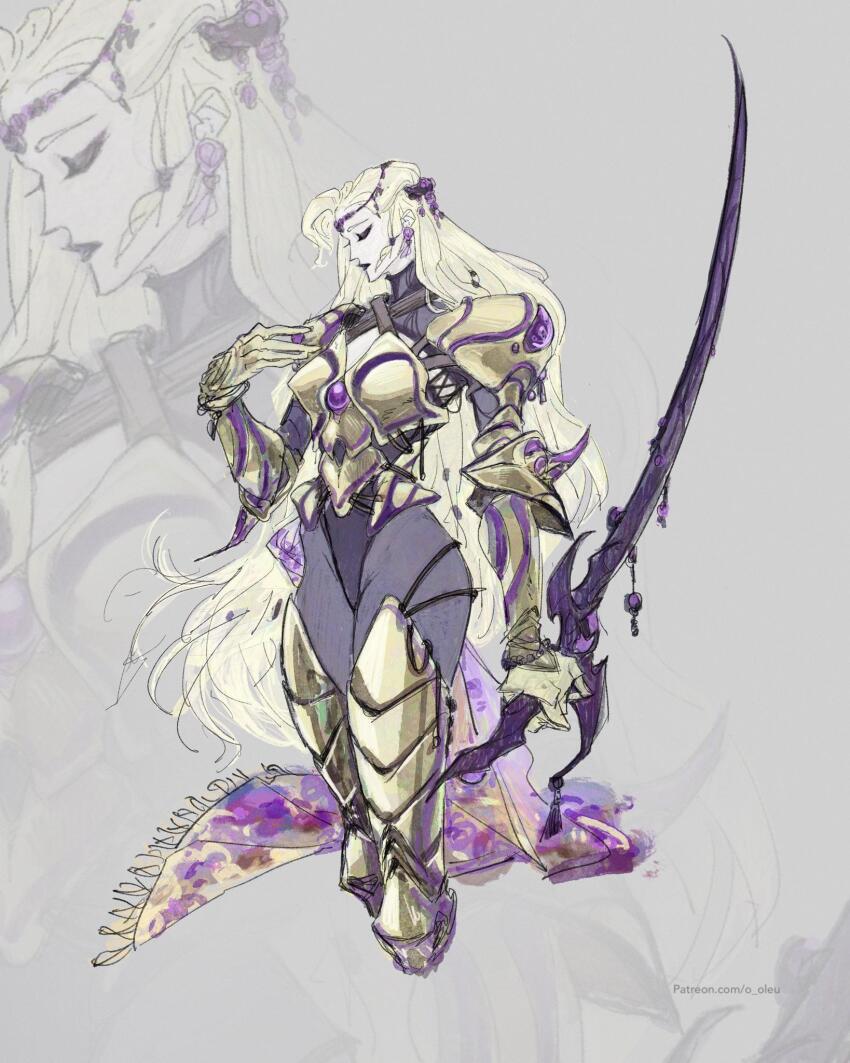 1girl armor armored_boots blonde_hair boots breastplate celes_chere closed_eyes cropped_legs final_fantasy final_fantasy_vi gauntlets highres long_hair miguel_sanchez redesign solo standing sword very_long_hair weapon zoom_layer