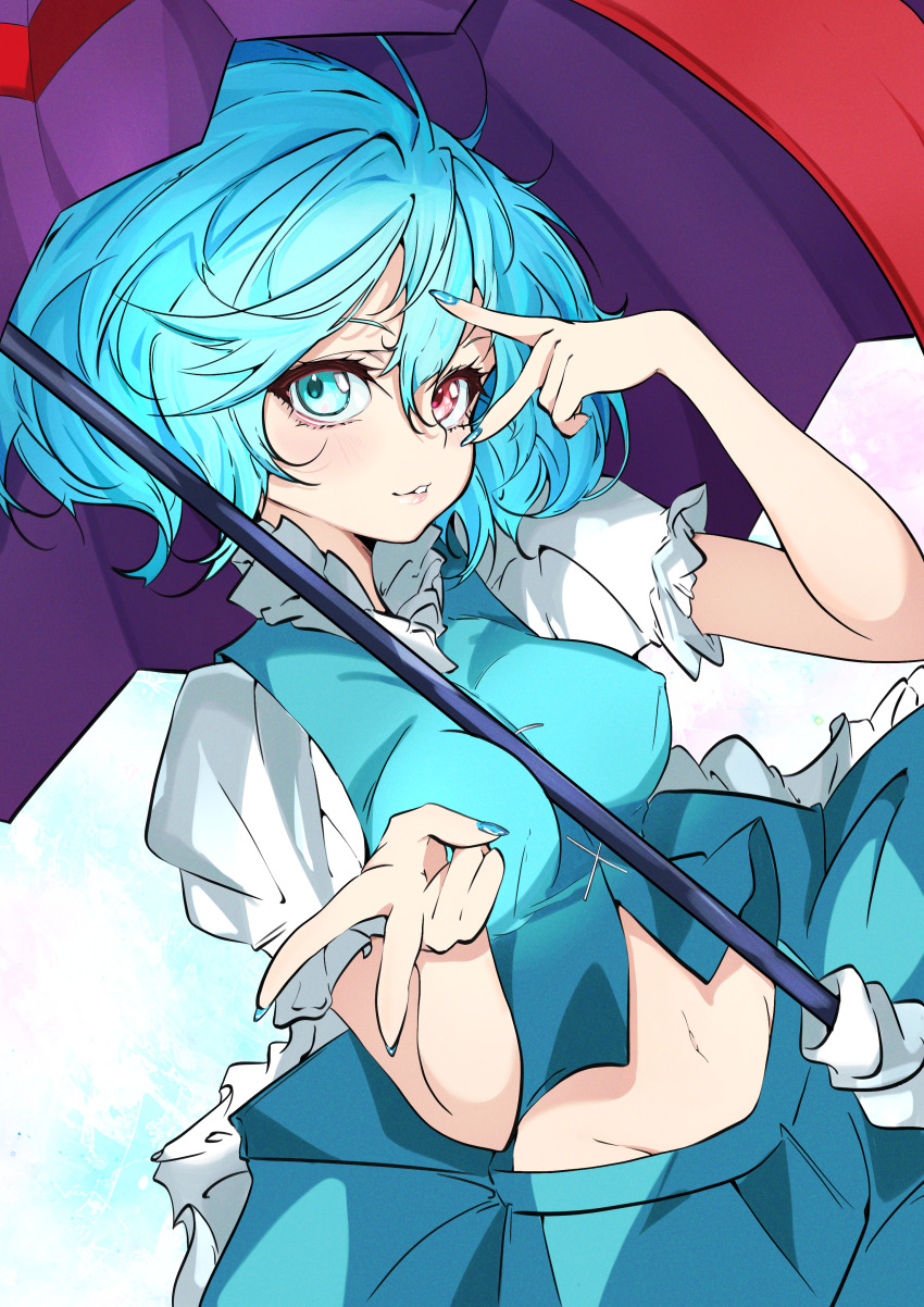 absurdres aqua_eyes aqua_hair aqua_skirt aqua_vest between_breasts blue_hair blue_nails breasts frilled_skirt frills heterochromia highres holding holding_umbrella juliet_sleeves large_breasts long_sleeves medium_hair midriff nail_polish navel puffy_sleeves purple_umbrella red_eyes shirt short_sleeves skirt tatara_kogasa touhou umbrella unanooo_(fthx7532) v vest white_shirt