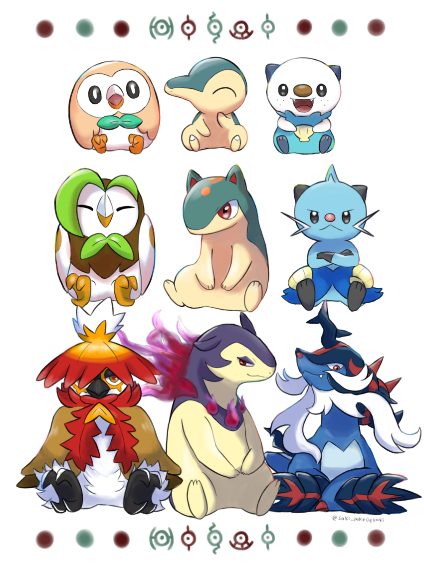 artist_name closed_eyes cyndaquil dartrix dewott evolutionary_line gen_2_pokemon gen_5_pokemon gen_7_pokemon highres hisuian_decidueye hisuian_samurott hisuian_typhlosion looking_at_viewer nintendo no_humans open_mouth pokemon pokemon_(creature) quilava shawa simple_background sitting starter_pokemon_trio unown unownglyphics user_wuxd3433 watermark