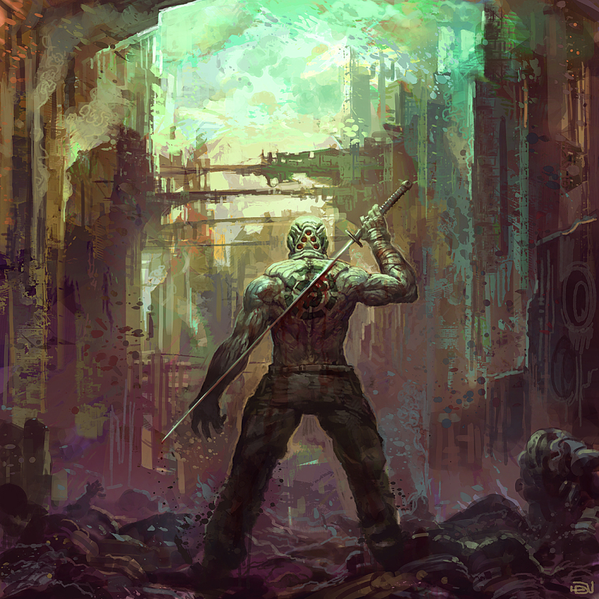 1boy back city cityscape dannoura_yuuki hecatoncheir highres male_focus original outdoors road solo street sword weapon
