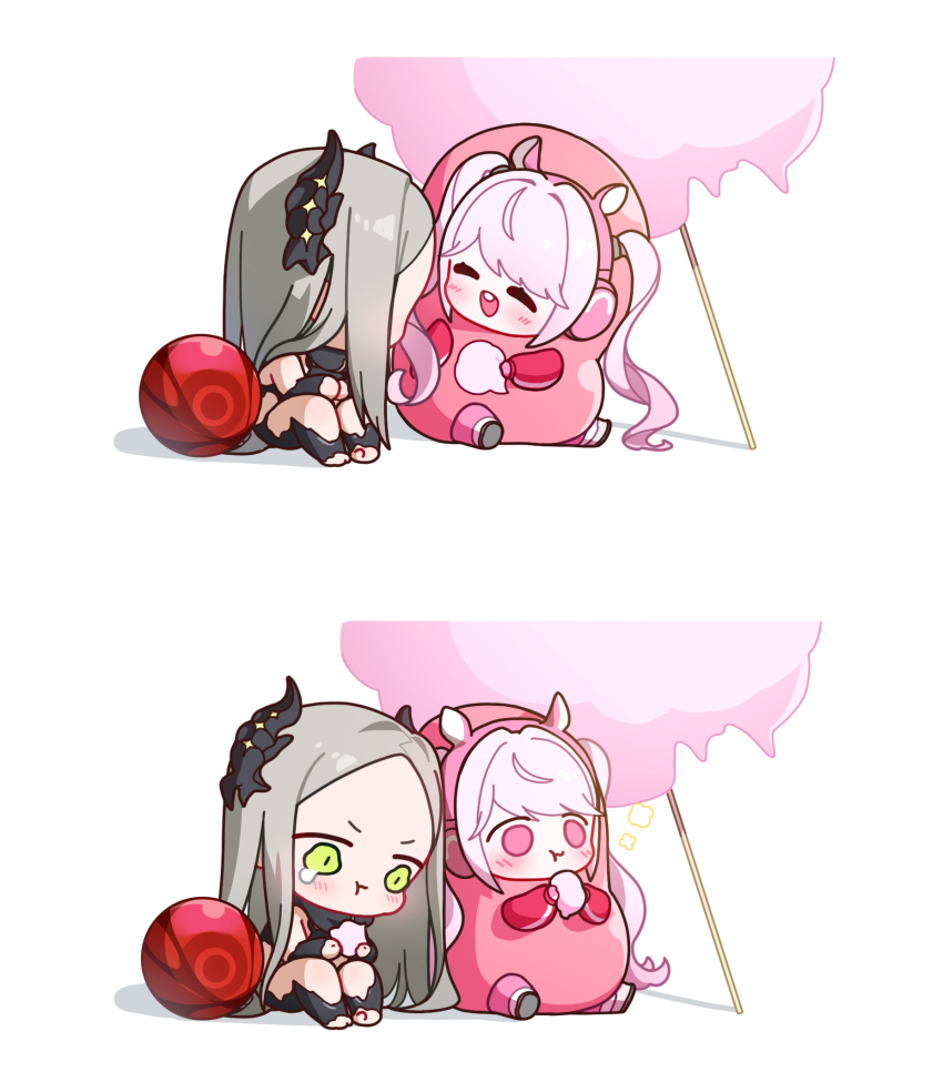 2girls alice_(nikke) animal_ear_headphones animal_ears black_horns black_liquid blush bodysuit breasts chibi commentary core cotton_candy eating fake_animal_ears food food_costume forehead goddess_of_victory:_nikke green_eyes grey_hair headphones highres holding holding_cotton_candy holding_food horns impossible_clothes leviathan_(nikke) liquid_clothes long_hair looking_at_viewer multiple_girls open_mouth pink_bodysuit pink_eyes pink_hair pink_headphones sausage sharing sharing_food skin_tight small_breasts twintails uz_(uzru0428)