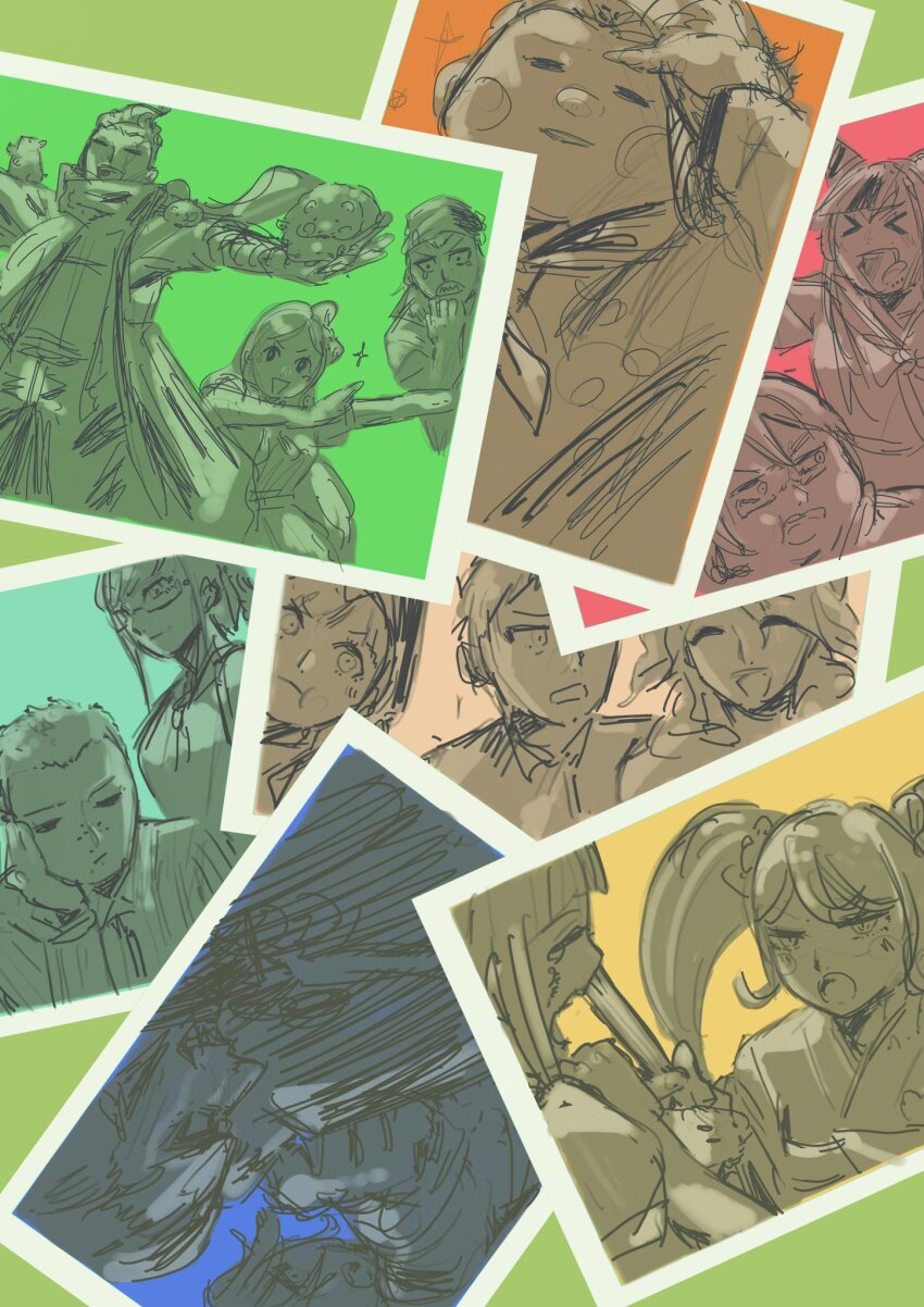 6+boys 6+girls :d :o :t ahoge animal animal_hood animal_on_shoulder aqua_background bandana blue_background blush_stickers border closed_mouth commentary crying dab_(dance) danganronpa_(series) danganronpa_2:_goodbye_despair everyone face_piercing fighting freckles glasses grabbing_another&#039;s_hair green_background hair_horns hair_slicked_back hamster hanamura_teruteru hand_on_own_face highres hinata_hajime holding holding_animal hood hood_up hoodie jacket japanese_clothes kimono komaeda_nagito kuzuryu_fuyuhiko lip_piercing lip_ring long_hair long_sleeves looking_at_another looking_to_the_side messy_hair mioda_ibuki multicolored_hair multiple_boys multiple_girls nanami_chiaki narrowed_eyes neck_ribbon open_mouth orange_background partially_colored pekoyama_peko photo_(object) piercing pink_background ponytail pout rectangular_eyewear ribbon saionji_hiyoko school_uniform sharp_teeth short_hair sketch smile soda_kazuichi sparkle streaked_hair swept_bangs tanaka_gundham tearing_up teeth togami_byakuya_(danganronpa_2) toki00002000 tsumiki_mikan twintails v v-shaped_eyebrows white_border yellow_background