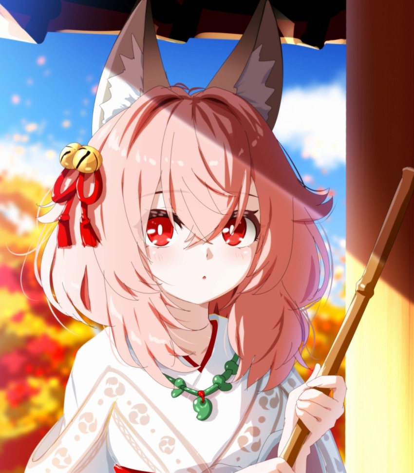 1girl :o animal_ear_fluff animal_ears autumn autumn_leaves bamboo_broom bell blue_sky blurry blurry_background blush bright_pupils broom cloud crossed_bangs day depth_of_field floral_print fox_ears fox_girl hair_bell hair_between_eyes hair_intakes hair_ornament hair_ribbon highres holding holding_broom japanese_clothes jewelry jingle_bell kimono leaf light_blush long_hair long_sleeves looking_at_viewer magatama magatama_necklace medium_hair miko necklace open_mouth outdoors parted_lips pink_hair red_eyes red_ribbon ribbon sidelocks sky solo sunlight suzuki-shi upper_body vrchat white_kimono white_pupils wide_sleeves