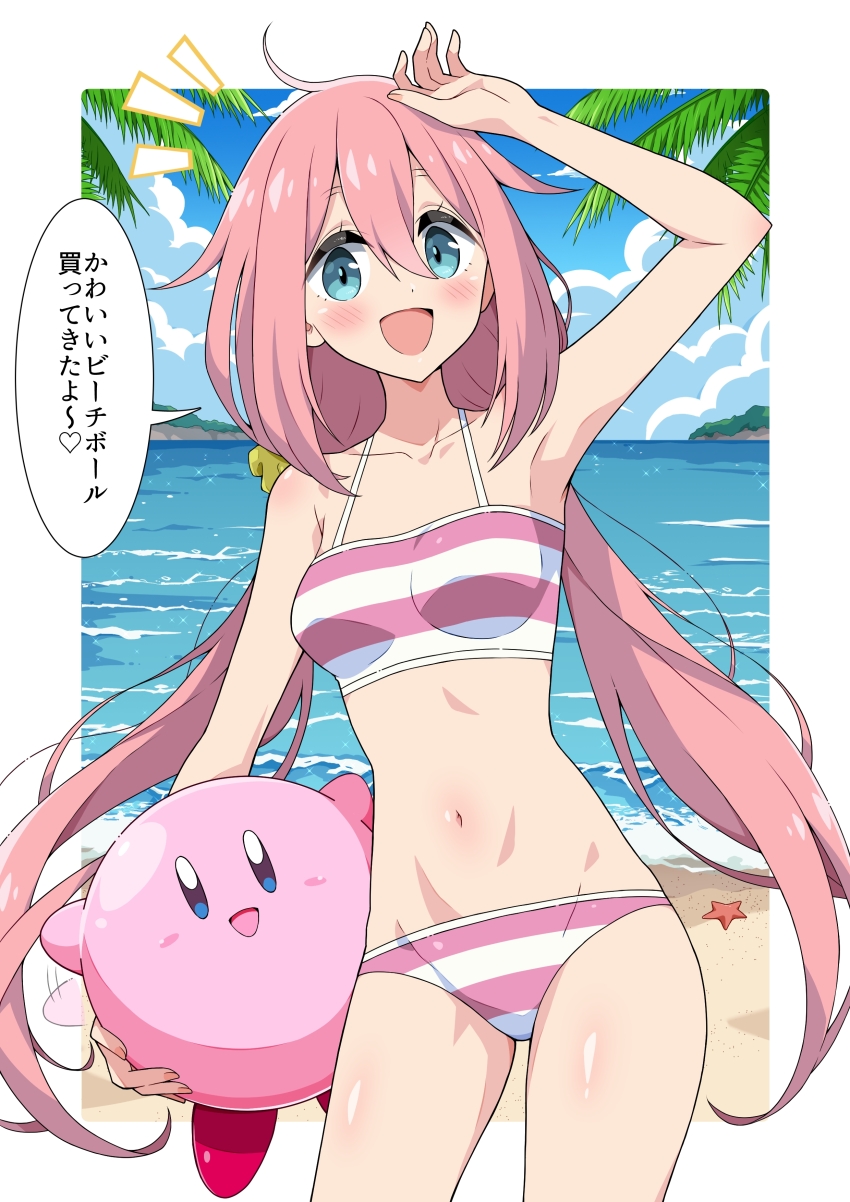 1girl absurdres bare_shoulders beach bikini blue_eyes blue_sky blush breasts cloud cloudy_sky collarbone crossover day eggman_(ni_tamagoex) fingernails heart highres kagamihara_nadeshiko kirby kirby_(series) long_hair looking_at_viewer multicolored_bikini navel nintendo notice_lines ocean open_mouth outdoors palm_tree pink_bikini pink_hair pink_nails salute sand sky smile speech_bubble starfish stomach striped_bikini striped_clothes swimsuit thighs translated tree two-tone_bikini white_background white_bikini yurucamp