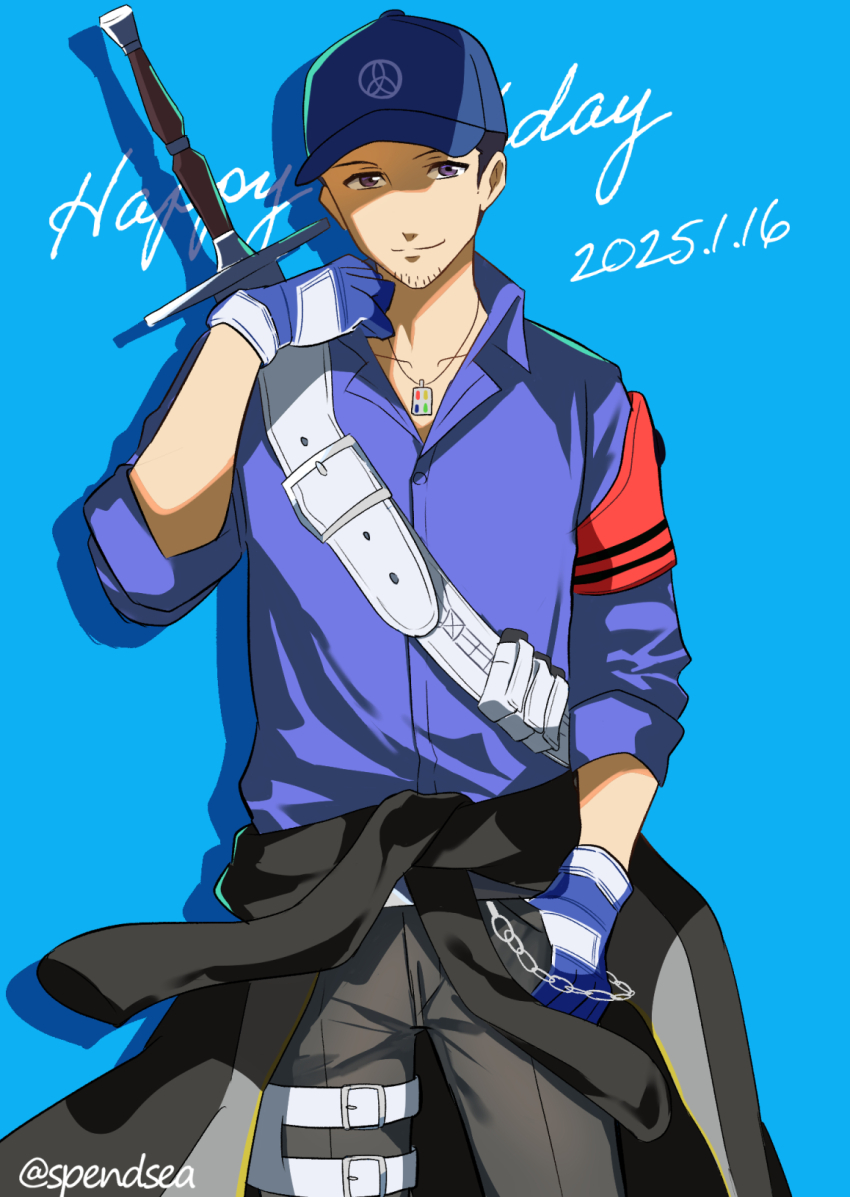 1boy armband baseball_cap birthday black_jacket black_pants blue_background blue_shirt closed_mouth clothes_around_waist collared_shirt commentary_request cowboy_shot dated hand_in_pocket happy_birthday hat highres holster iori_junpei jacket jacket_around_waist jewelry looking_at_viewer male_focus necklace pants persona persona_3 persona_3_reload red_armband shirt sleeves_rolled_up smile solo spendsea straight-on sword sword_on_back thigh_holster twitter_username weapon weapon_on_back