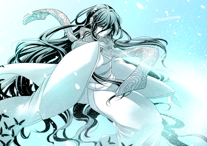 1girl black_hair bug butterfly furisode insect japanese_clothes kimono long_hair morita_yuu nurarihyon_no_mago scarf snow very_long_hair white_kimono yuki_onna yuki_onna_(nurarihyon_no_mago)