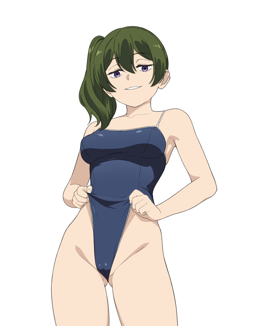 1girl absurdres blue_one-piece_swimsuit breasts clothes_pull coro_fae gluteal_fold green_hair half-closed_eyes highres medium_breasts medium_hair one-piece_swimsuit one-piece_swimsuit_pull purple_eyes side_ponytail simple_background solo sousou_no_frieren swimsuit teeth ubel_(sousou_no_frieren) white_background