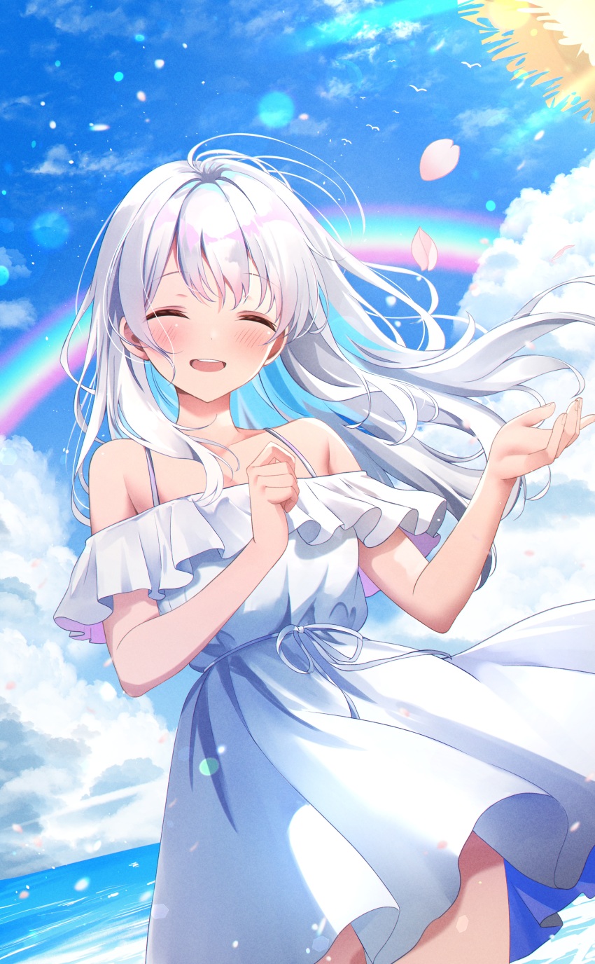 1girl ^_^ absurdres aizawa_(aizawatsu) bare_shoulders blue_sky blush bra_strap brown_hat closed_eyes cloud collarbone commentary cowboy_shot day dress facing_viewer falling_petals floating_hair floating_hat hat highres lens_flare long_hair ocean off-shoulder_dress off_shoulder open_hand open_mouth original outdoors petals pink_petals rainbow simple_bird sky smile solo standing straw_hat teeth upper_teeth_only white_dress white_hair