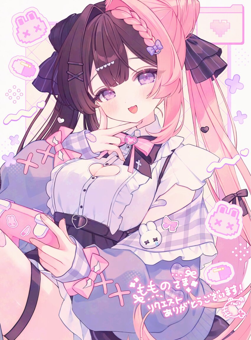 1girl :3 :d bandaid bandaid_on_hand black_skirt blush bow bowtie breasts brown_hair cleavage cleavage_cutout clothing_cutout collared_shirt commentary_request commission cowboy_shot frilled_skirt frills hair_intakes hair_ornament hair_ribbon hand_up heart_cutout highres jacket komomo_(2899) large_breasts long_sleeves looking_at_viewer miniskirt multicolored_hair open_mouth original pink_bow pink_bowtie pink_hair pleated_skirt purple_jacket ribbon shirt skeb_commission skirt sleeve_bow smile solo split-color_hair thigh_strap twintails two-tone_hair white_shirt x_hair_ornament