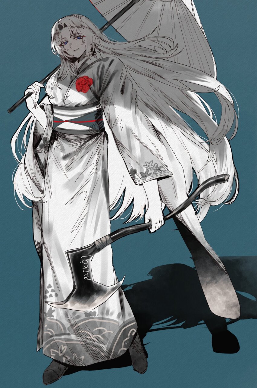 1girl absurdres alternate_costume axe blue_background blue_eyes flower full_body highres holding holding_axe holding_umbrella japanese_clothes kimono klack_rodyalove limbus_company long_hair long_sleeves looking_at_viewer parted_bangs partially_colored project_moon red_flower red_rose rodion_(project_moon) rose sash simple_background smile solo standing umbrella