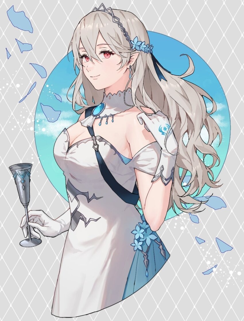 1girl ai_tkkm alternate_costume ascot breasts cleavage dress female_corrin_(fire_emblem) fire_emblem fire_emblem_fates gem gloves hairband highres long_hair looking_at_viewer medium_breasts nintendo off_shoulder petals pointy_ears red_eyes smile solo tiara white_hair