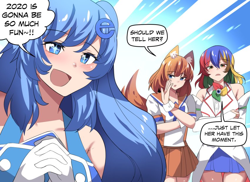+_+ 2020 3girls :d absurdres animal_ears bare_shoulders blue_eyes blue_hair blush english_text firefox_(merryweather) fox_ears fox_girl fox_tail gloves google_chrome_(merryweather) highres hinghoi internet_explorer_(merryweather) internet_explorer_(webcomic) long_hair medium_hair merryweather multicolored_eyes multicolored_hair multiple_girls open_mouth orange_hair own_hands_together product_girl school_uniform serafuku smile speech_bubble tail white_gloves