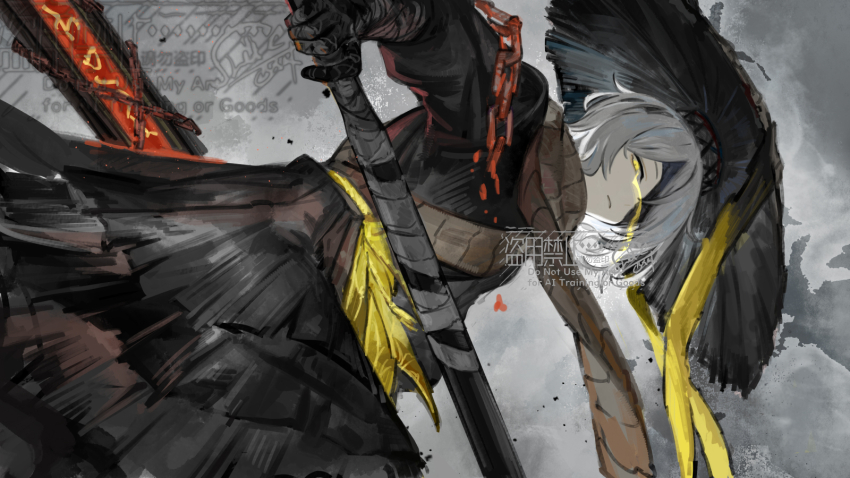 1girl ajirogasa bandage_over_one_eye bandaged_arm bandaged_weapon bandages brown_scarf chain closed_mouth commentary_request conical_hat dutch_angle eye_trail faust_(project_moon) hand_wraps hat heishou_pack-mao_branch_(identity)_(project_moon) highres holding holding_sword holding_weapon light_trail limbus_company long_sleeves looking_at_viewer nishikujic one_eye_covered project_moon rice_hat scarf short_hair solo sword weapon white_hair yellow_eyes