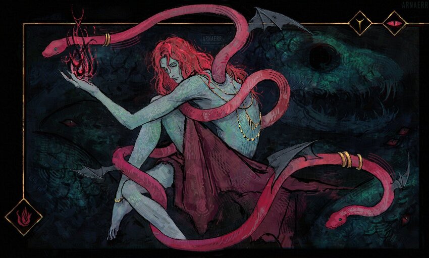 1boy anklet arnaerr barefoot base_serpent_messmer bat_wings curled_up elden_ring fire jewelry messmer_the_impaler one_eye_closed outstretched_arm red_hair signature snake solo wings yellow_eyes