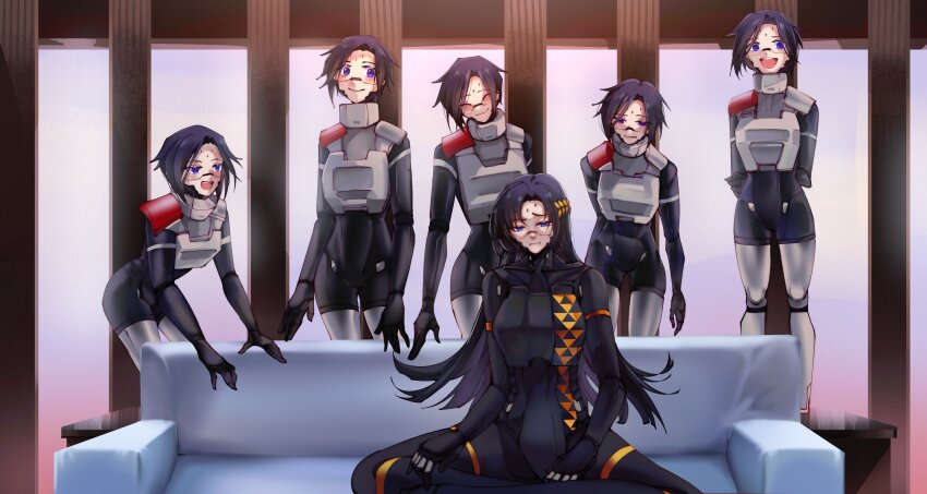 6+girls :d absurdres akaruc android black_bodysuit black_hair blue_eyes bodysuit clone couch facial_mark falke_(signalis) forehead_mark glasses highres kolibri_(signalis) laurel_crown meme multiple_girls open_mouth piper_perri_surrounded_(meme) signalis sitting smile star_(symbol) tall_female