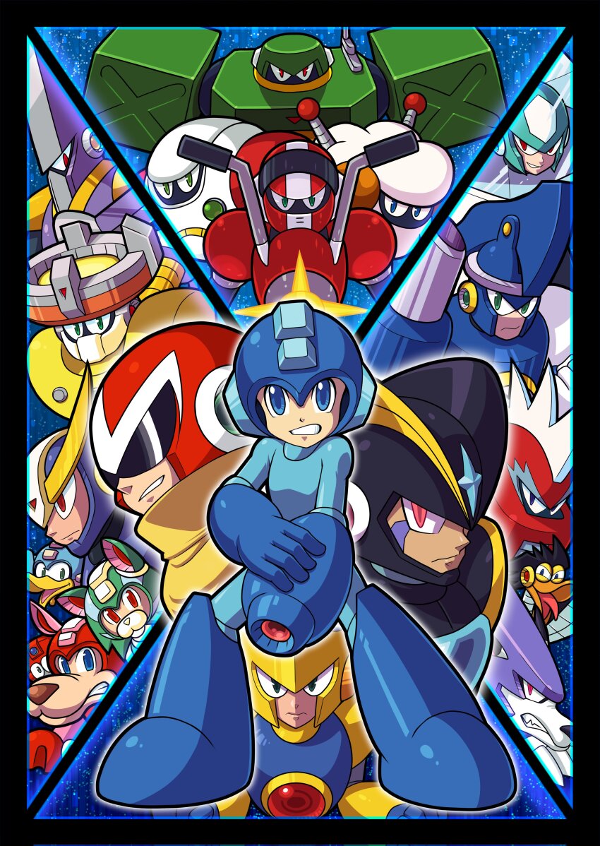 6+boys absurdres android arm_cannon armor assault_visor bass_(mega_man) beat_(mega_man) black_armor black_helmet blade_man blue_bodysuit blue_eyes blue_helmet bodysuit character_request chill_man commando_man commentary_request helmet hi-go! highres male_focus arm_cannon mega_man_(character) mega_man_(classic) mega_man_(series) mega_man_10 multiple_boys nitro_man non-humanoid_robot proto_man pump_man red_eyes red_helmet robot robot_animal robot_cat robot_dog rush_(mega_man) sheep_man solar_man strike_man tango_(mega_man) treble_(mega_man) weapon
