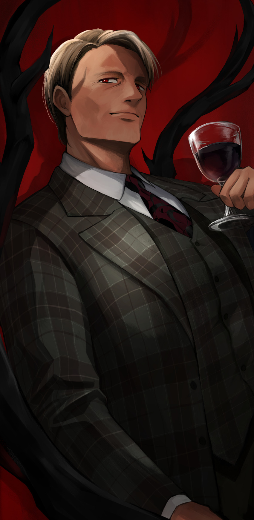 1boy absurdres alcohol black_necktie brown_hair character_request check_character choco_(chocovix112) closed_mouth collared_shirt commentary_request cup drinking_glass grey_jacket grey_vest hannibal_(tv_series) hannibal_lecter highres holding holding_cup jacket light_smile long_sleeves looking_at_viewer male_focus necktie open_clothes open_jacket plaid_clothes plaid_jacket plaid_vest red_background red_eyes shirt solo upper_body vest white_shirt wine wine_glass