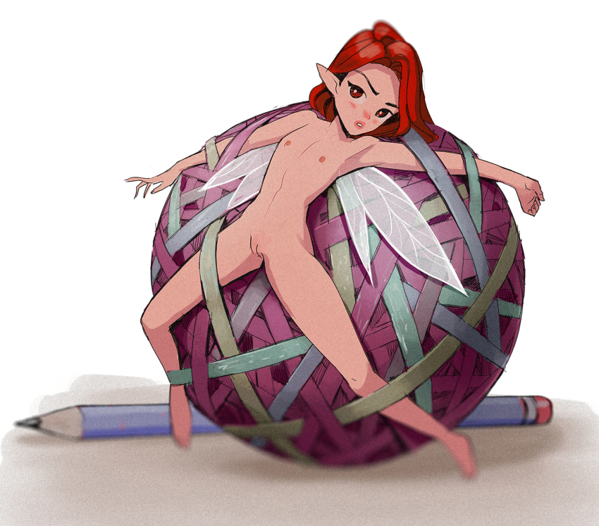 1girl arttheratpist cleft_of_venus commentary completely_nude english_commentary entangled fairy fairy_wings flat_chest full_body highres looking_at_viewer mini_person minigirl nipples nude original parted_lips pencil pointy_ears pussy red_eyes red_hair restrained simple_background solo wings yarn yarn_ball