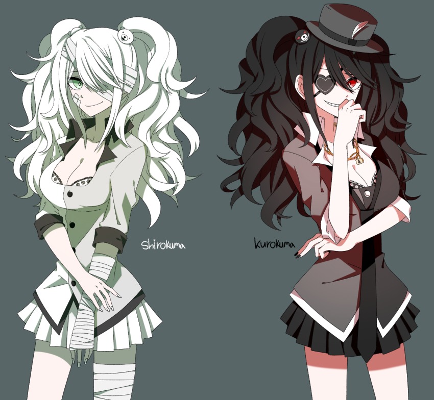 10s 2girls artist_request bad_id bad_pixiv_id bandages breasts cleavage danganronpa_(series) enoshima_junko eyepatch hat highres kurokuma_(danganronpa) long_hair looking_at_viewer monokuma multiple_girls necktie personification rondu shirokuma_(danganronpa) simple_background skirt smile spoilers danganronpa_another_episode:_ultra_despair_girls
