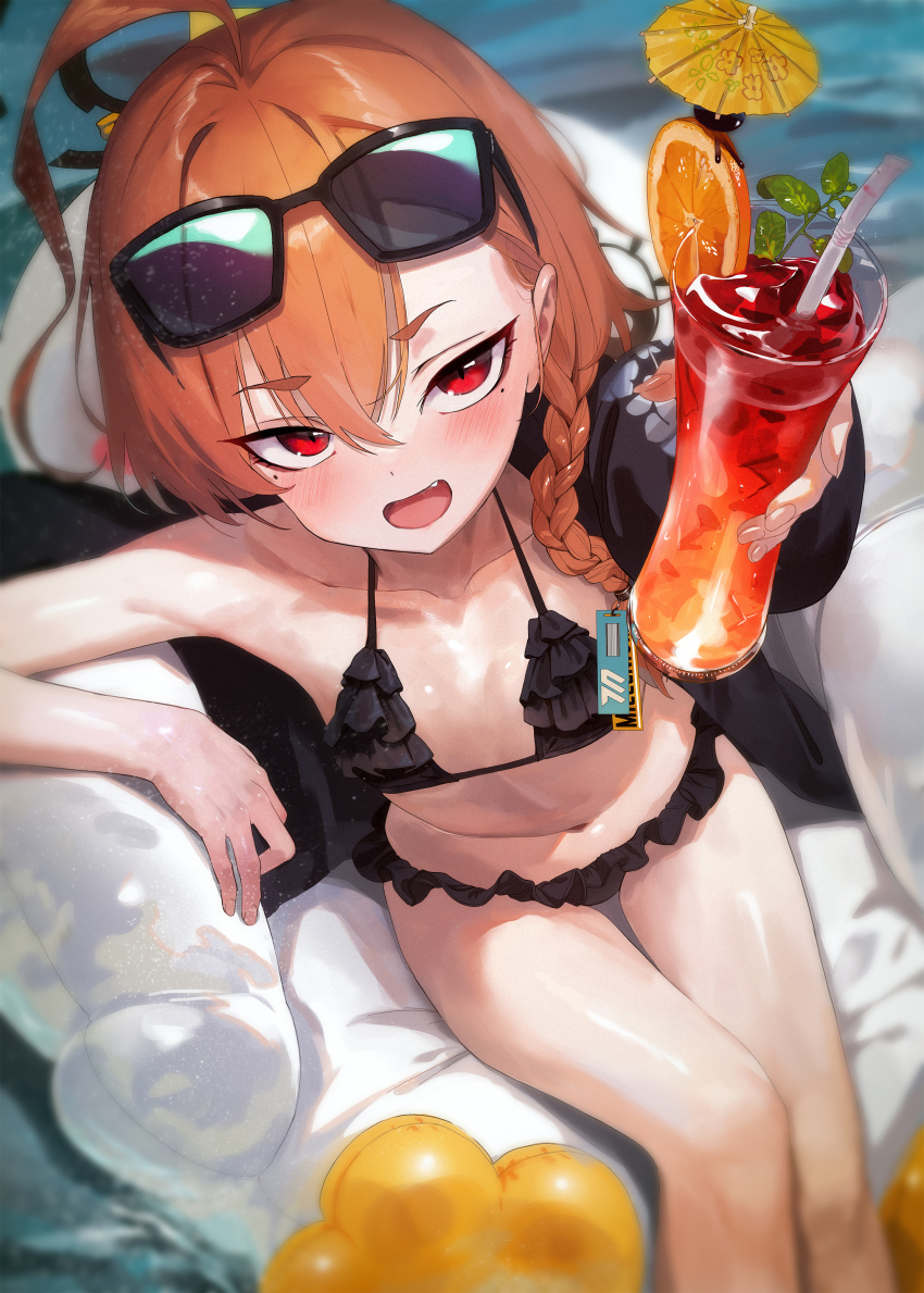 1girl :d absurdres ahoge bare_arms bikini black_bikini black_jacket blue_archive blush braid breasts cup drink drinking_glass drinking_straw eyewear_on_head food frilled_bikini frills fruit halo highres holding holding_cup jacket jacket_partially_removed lemon lemon_slice looking_at_viewer mo_ne mole mole_under_eye navel neru_(blue_archive) neru_(swimsuit)_(blue_archive) open_mouth orange_hair red_eyes single_bare_shoulder sitting small_breasts smile solo sunglasses swimsuit water