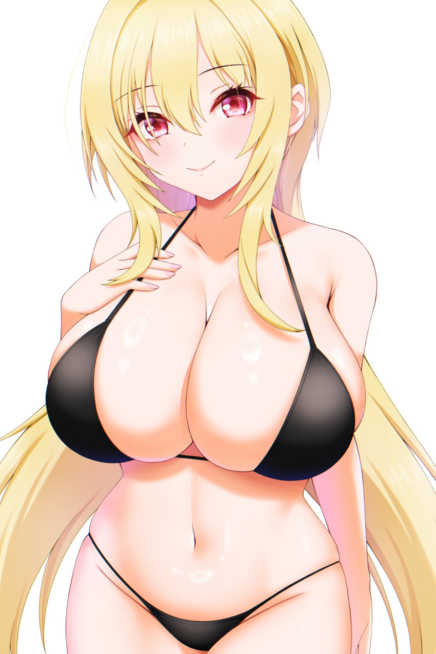 1girl absurdres bikini black_bikini blonde_hair breasts cleavage cowboy_shot highres idolmaster idolmaster_cinderella_girls kurosaki_chitose large_breasts long_hair looking_at_viewer red_eyes ruuuuuuuryyyyyy simple_background smile solo swimsuit white_background