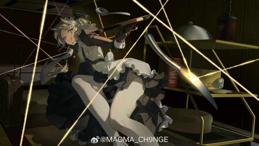 1girl 9_vcat absurdres alcohol apron arknights artist_name balancing black_dress black_feathers black_gloves black_vest black_wings blurry bottle braid braided_bun breasts butter_knife buttoned_cuffs buttons cart ceiling chinese_commentary commentary_request container cup cutlery dress dutch_angle eyelashes feathered_wings feathers feet_out_of_frame floating_hair floor foreshortening fork frilled_apron frilled_hairband frills from_side gloves grey_eyes grey_hair hair_bun hairband hallway hands_up head_wings highres holding holding_fork holding_tray indoors irene_(arknights) irene_(voyage_of_feathers)_(arknights) jewelry juliet_sleeves knife lantern laser long_hair long_sleeves looking_at_viewer maid maid_apron maid_headdress marble_(stone) marble_floor medium_breasts necklace official_alternate_costume outstretched_hand package pantyhose parted_lips pink_pupils plate pleated_dress ponytail puffy_sleeves rolling_suitcase serious serving_cart serving_dome shade shadow sleeve_cuffs solo spoon standing suitcase teacup teeth tray very_long_hair vest wall wallpaper_(object) watermark weibo_watermark weibo_watermark whiskey white_apron white_hairband white_pantyhose wings