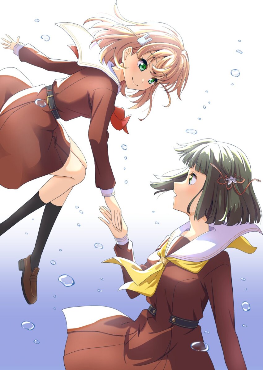 2girls black_hair black_socks blue_background blunt_bangs blunt_ends brown_dress brown_hair brown_shoes closed_mouth commentary cowboy_shot crossed_bangs dress flower flower_knot foot_out_of_frame gradient_background green_eyes hair_flower hair_ornament hasu_no_sora_school_uniform highres hinoshita_kaho link!_like!_love_live! loafers long_sleeves looking_at_another love_live! medium_dress medium_hair momose_ginko multiple_girls neckerchief offering_hand_to_another open_mouth pleated_dress qy73 rabbit_hair_ornament red_neckerchief sailor_collar sailor_dress school_uniform shoes short_hair smile socks split_mouth two_side_up virtual_youtuber white_sailor_collar winter_uniform yellow_neckerchief