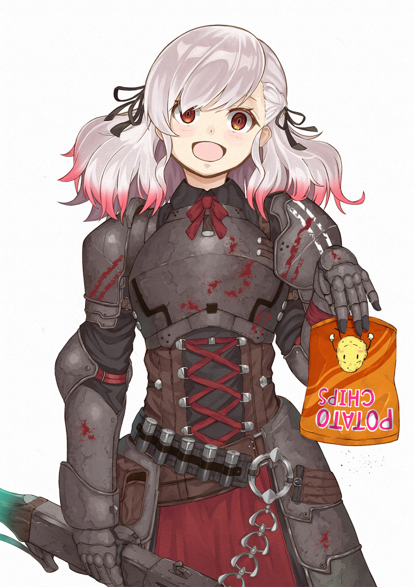 12-gauge 12-gauge_(2_3/4_inch_shell) 1girl ammunition armor bag bandolier belt blood blood_splatter blood_stain chips_(food) commentary_request crumbs dual-mode_shotgun english_text false_smile female_focus food franchi girls&#039;_frontline gun high_brass highres multicolored_hair numazume official_alternate_costume orange_eyes overpressure_ammunition pink_hair plate_armor potato potato_chips pump-action_shotgun pump_action semi-automatic_shotgun shotgun shotgun_shell smile solo spas-12 spas-12_(girls&#039;_frontline) spas-12_(goblin_huntress)_(girls&#039;_frontline) streaked_hair two-tone_hair upside-down_text weapon white_hair yandere