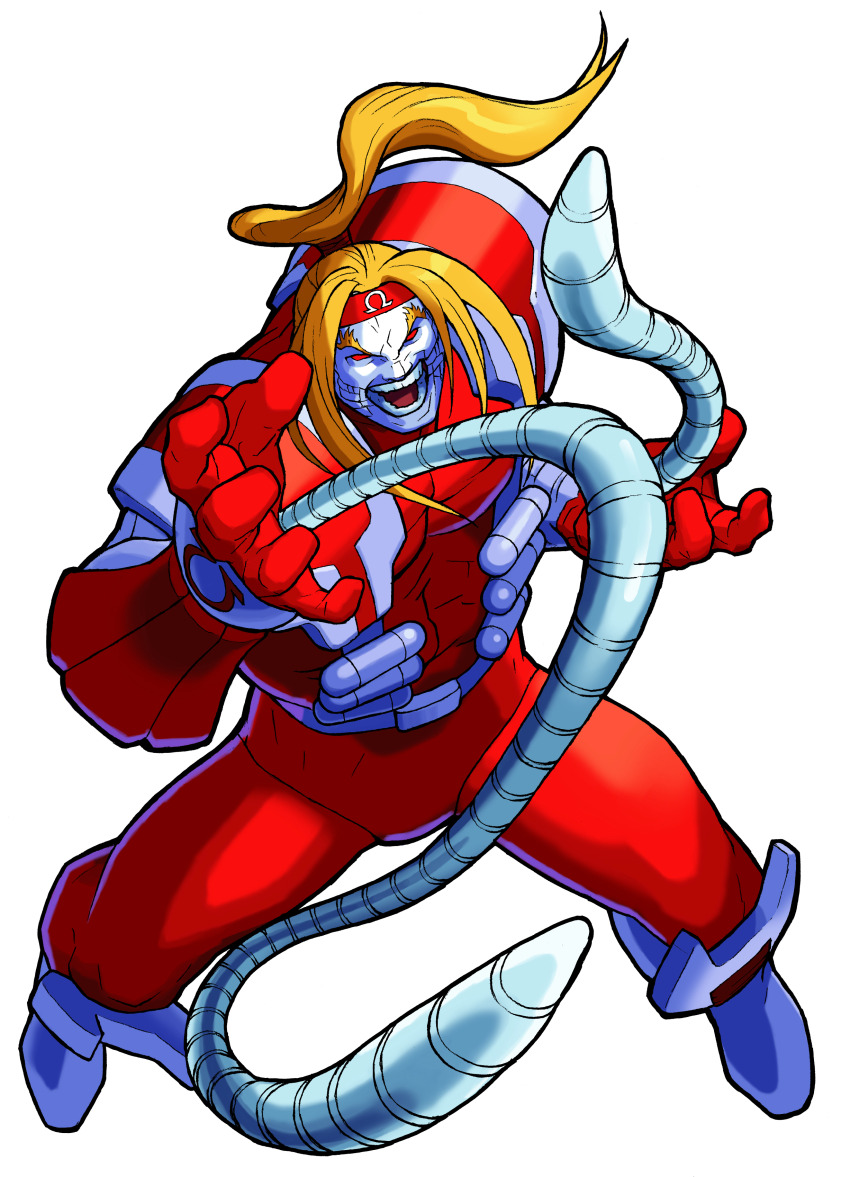 1boy absurdres armor bengus blonde_hair bodysuit colored_skin evil_grin evil_smile from_above game_cg grey_skin grin headband highres legs_apart long_hair male_focus marvel marvel_super_heroes_vs._street_fighter marvel_vs._capcom mechanical_tentacles muscular muscular_male non-web_source official_art omega_red omega_symbol open_mouth ponytail red_bodysuit red_eyes red_headband scan shoulder_armor smile solo soviet teeth x-men zombie