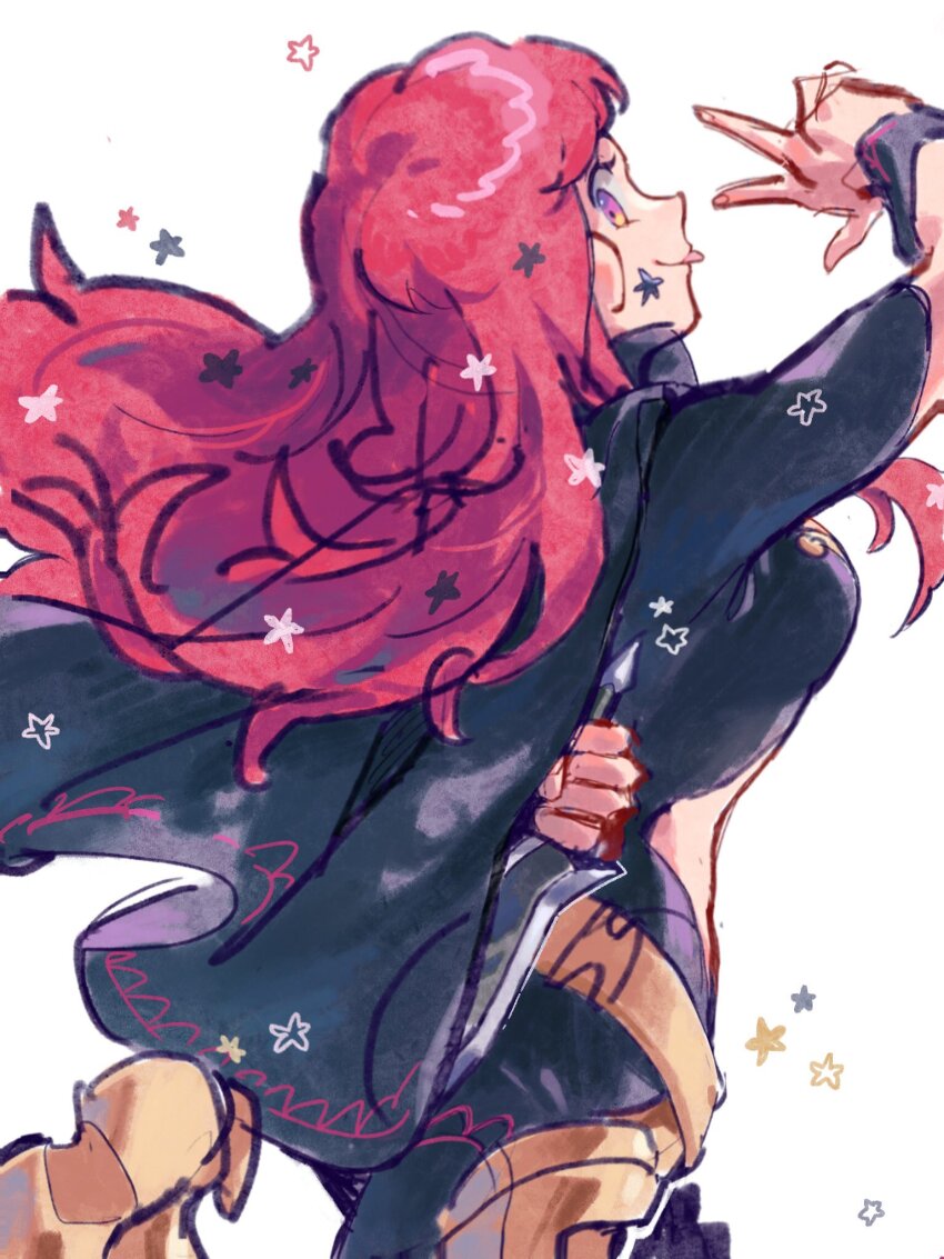 1girl bodysuit cape facial_mark fire_emblem fire_emblem_engage hahahashagi highres long_hair looking_at_viewer looking_back nintendo red_eyes red_hair solo yunaka_(fire_emblem)
