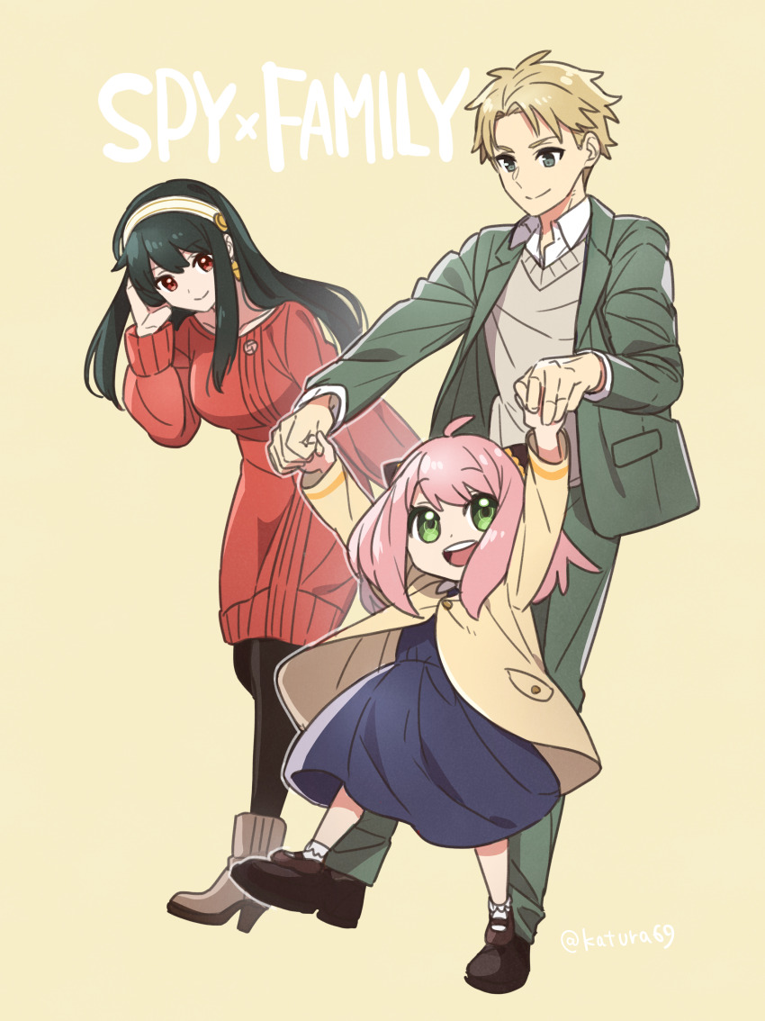 1boy 2girls :d absurdres ahoge anya_(spy_x_family) arms_up artist_name black_footwear black_hair black_pantyhose blonde_hair blue_dress bobby_socks boots brown_footwear brown_sweater_vest child closed_mouth collared_shirt commentary_request cone_hair_bun copyright_name double_bun dress dress_shirt family full_body green_eyes green_jacket green_pants hair_between_eyes hair_bun hairband hairpods hand_up high_heel_boots high_heels highres holding_hands jacket katsura_ichiho lapels long_hair long_sleeves looking_at_another mary_janes medium_hair multiple_girls open_mouth pants pantyhose parted_bangs pink_hair red_eyes red_sweater shirt shoes short_hair sidelocks simple_background smile socks split_mouth spy_x_family sweater sweater_vest teeth twilight_(spy_x_family) twitter_username upper_teeth_only white_hairband white_shirt white_socks wing_collar yellow_background yellow_jacket yor_briar