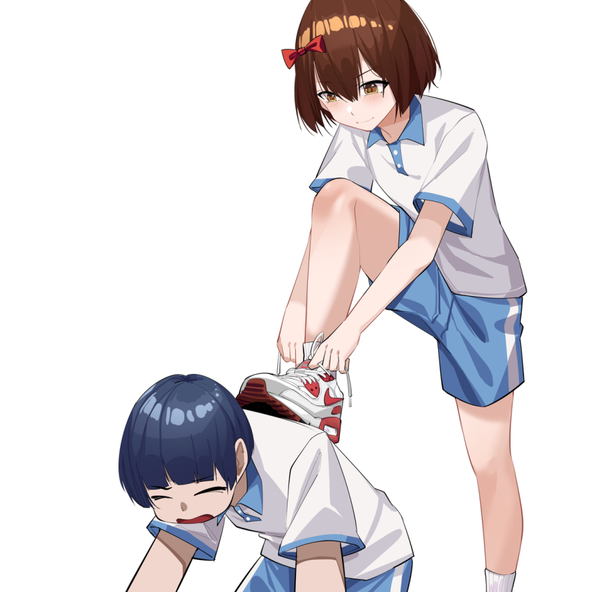 1boy 1girl artist_request feet femdom highres humiliation sadism shoes smile sneakers tagme