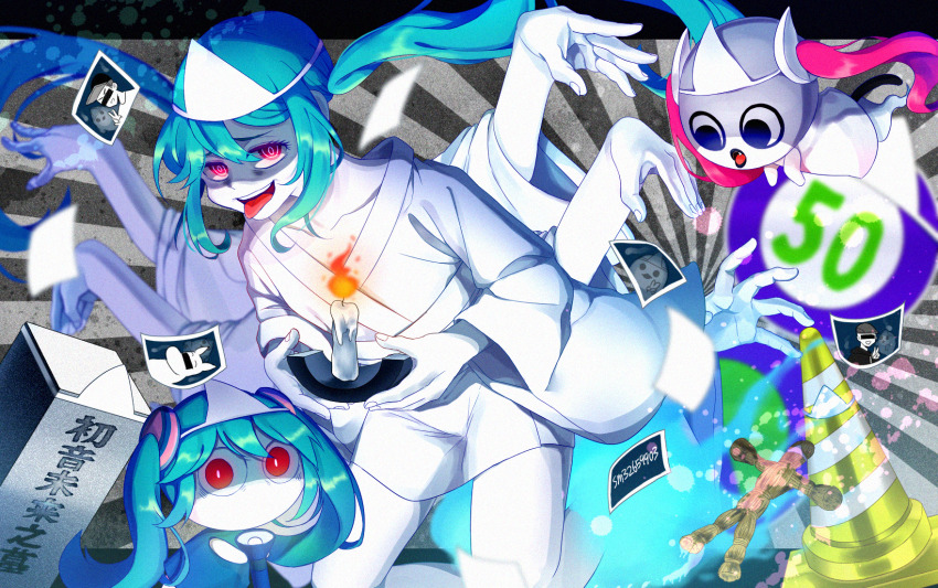3girls aimaina aqua_hair bar_censor censored colored_skin doushite-chan ghost hatsune_miku highres japanese_clothes kimono long_hair looking_at_viewer low_twintails multiple_girls obake_no_ukenerai_(vocaloid) obi pink_eyes sash shiroshouzoku solo tentecomai translated triangular_headpiece twintails very_long_hair vocaloid