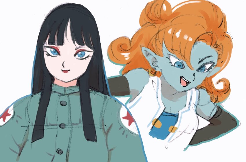 2girls :d aqua_coat bare_shoulders black_hair blue_eyes blue_skin breasts buttons cleavage closed_mouth coat colored_skin dragon_ball dragon_ball_(classic) dragonball_z earrings eyelashes eyeshadow gan2 highres jewelry long_hair mai_(dragon_ball) makeup medium_breasts multiple_girls open_clothes open_mouth open_vest orange_hair pointy_ears red_eyeshadow red_lips simple_background smile star_(symbol) teeth tsurime upper_teeth_only vest white_background white_vest zangya
