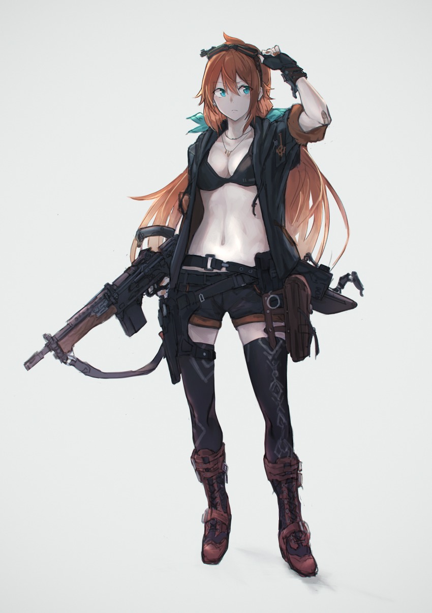 1girl abs absurdres amano_tora aqua_eyes bandaid belt bikini bikini_top_only borrowed_character breasts commentary_request female_focus fingernails full_body goggles goggles_on_head gun gunbelt hair_between_eyes hair_ribbon hand_on_goggles highres jewelry medium_breasts nail_polish navel orange_hair original ribbon shiroi_suzume short_shorts shorts simple_background solo standing swimsuit thighhighs trigger_discipline weapon