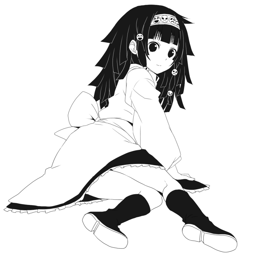 1boy alluka_zoldyck boots closed_mouth ekra from_behind greyscale hair_ornament hairband hunter_x_hunter long_hair long_sleeves looking_at_viewer looking_back monochrome simple_background sitting smile trap white_background yokozuwari