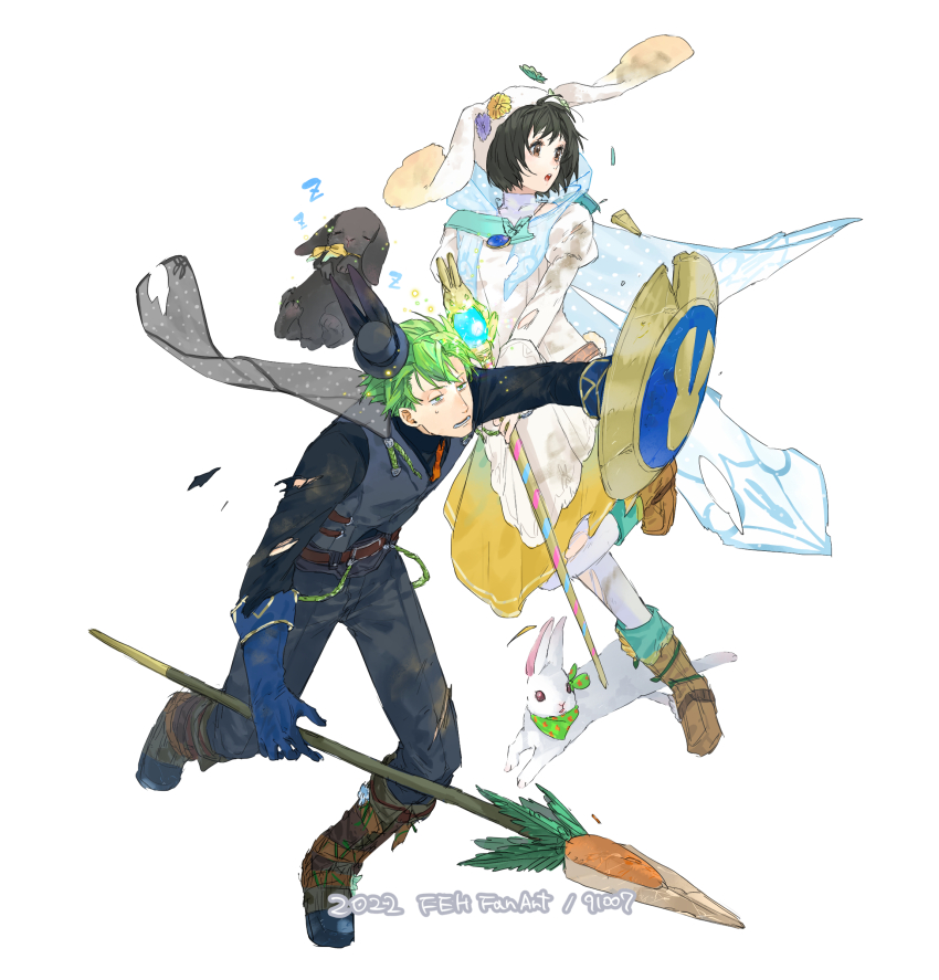 1boy 1girl 91007 absurdres alternate_costume animal_ears arran_(fire_emblem) artist_name belt black_hat black_rabbit_(animal) black_shirt blue_gloves bow brown_belt brown_eyes brown_shoes commentary_request copyright_name dated dress easter fake_animal_ears fire_emblem fire_emblem:_radiant_dawn fire_emblem_heroes full_body gloves green_eyes grey_pants grey_vest hat highres jewelry juliet_sleeves laura_(fire_emblem) leg_up long_sleeves looking_to_the_side medium_dress mini_hat mini_top_hat nintendo open_mouth pants pantyhose pendant polearm puffy_sleeves rabbit_ears shield shirt shoes short_hair simple_background sweat top_hat torn_clothes torn_shirt vest weapon white_background white_dress white_pantyhose white_rabbit_(animal) yellow_bow zzz