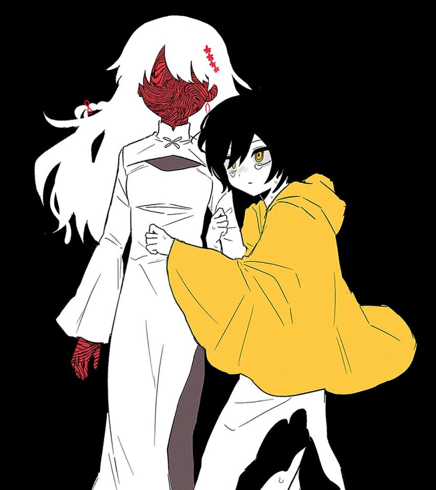 2girls black_background black_hair braid cleavage_cutout clothing_cutout dress faceless highres holding_another&#039;s_arm ix_(lower) long_hair long_sleeves looking_at_another lower_(vocaloid) multiple_girls sesam344 side_slit suou_(lower) sweat tears white_dress white_hair yellow_cloak yellow_eyes