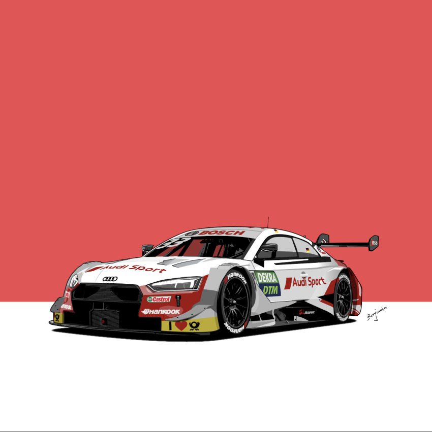 artist_name audi audi_rs5 benjamin_(user_scjv3278) car castrol deutsche_tourenwagen_masters highres motor_vehicle no_humans race_vehicle racecar shadow spoiler_(automobile) sponsor vehicle_focus white_car