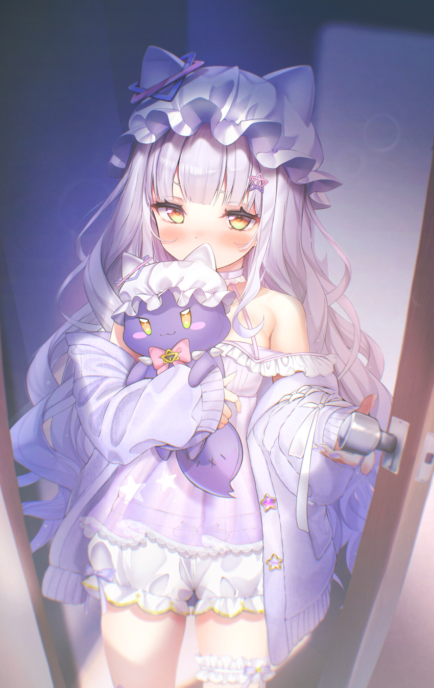 1girl :3 absurdres animal_hat bare_shoulders blush breasts cardigan cat_hat commentary_request covering_own_mouth doorway dress frilled_hat frilled_shorts frilled_thigh_strap frills gradient_hair grey_hair hat highres holding hololive lace lace-trimmed_shirt lace_trim long_hair looking_at_viewer loungewear mob_cap multicolored_hair murasaki_shion murasaki_shion_(loungewear) nail_polish off-shoulder_dress off_shoulder official_alternate_costume official_alternate_hairstyle purple_cardigan purple_hair purple_nails purple_shirt see-through_clothes see-through_shirt shirt short_eyebrows short_shorts shorts sidelocks sleeves_past_wrists small_breasts solo terra_bose thigh_strap very_long_hair virtual_youtuber wavy_hair white_hat white_shorts yellow_eyes