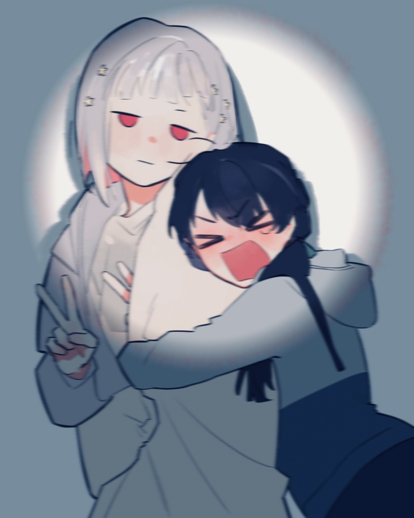 &gt;_&lt; 2girls :| blanket blue_hair blue_jacket blue_ribbon blue_shorts blurry blush bob_cut closed_mouth colored_inner_hair commentary covering_another d: diagonal_bangs dollchestra double_v dx full-face_blush grey_hair grey_jacket hair_ornament hair_ribbon highres holding holding_blanket hood hood_down hooded_jacket inverted_bob jacket jitome link!_like!_love_live! long_hair long_sleeves love_live! low_twintails multicolored_hair multiple_girls murano_sayaka murano_sayaka_(summer_training_wear) official_alternate_costume open_mouth pipi_(m1x_mix) red_eyes red_hair ribbon short_hair shorts star_(symbol) star_hair_ornament streaked_hair tank_top twintails unamused v v-shaped_eyebrows virtual_youtuber white_tank_top yugiri_tsuzuri yugiri_tsuzuri_(summer_training_wear)