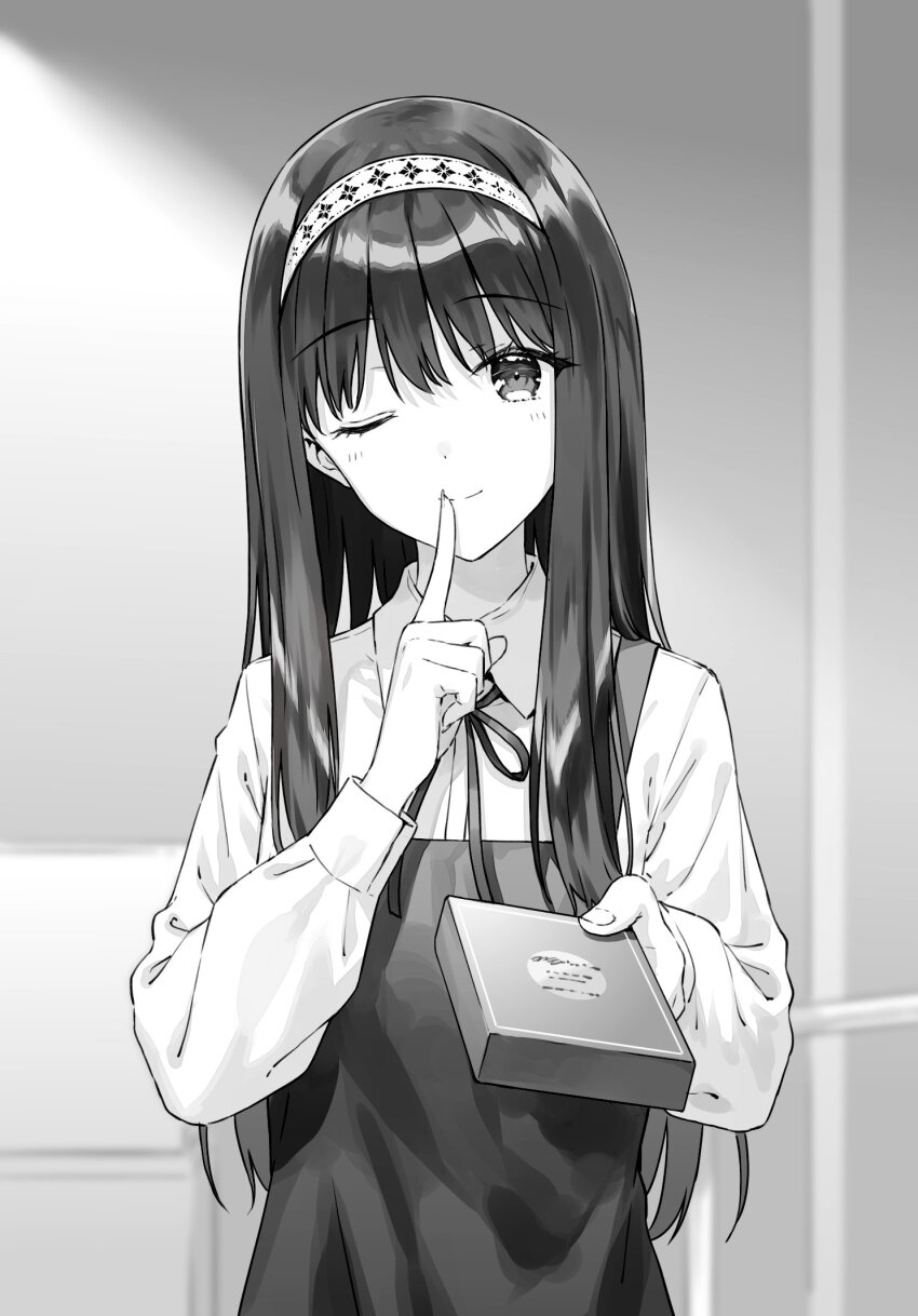 1girl ;) apron blurry blurry_background box closed_mouth collared_shirt commentary_request finger_to_mouth gimai_seikatsu giving greyscale hairband highres hiten_(hitenkei) holding holding_box long_hair long_sleeves looking_at_viewer monochrome neck_ribbon novel_illustration official_art one_eye_closed ribbon second-party_source shirt shushing smile solo upper_body yomiuri_shiori