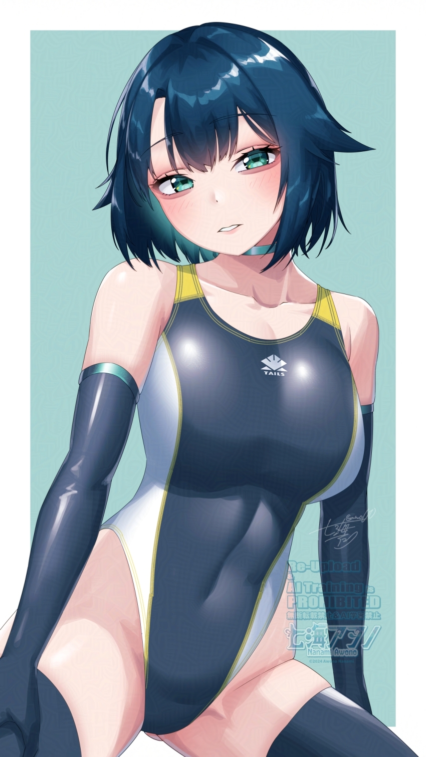 awono_nanaumi black_gloves black_one-piece_swimsuit black_thighhighs blue_background blue_hair breasts commentary_request competition_swimsuit elbow_gloves fukami_nana_(awono_nanaumi) gloves green_eyes highleg highleg_one-piece_swimsuit highres kneeless_mermaid large_breasts logo looking_at_viewer multicolored_swimsuit one-piece_swimsuit original outside_border second-party_source smile swimsuit thighhighs watermark