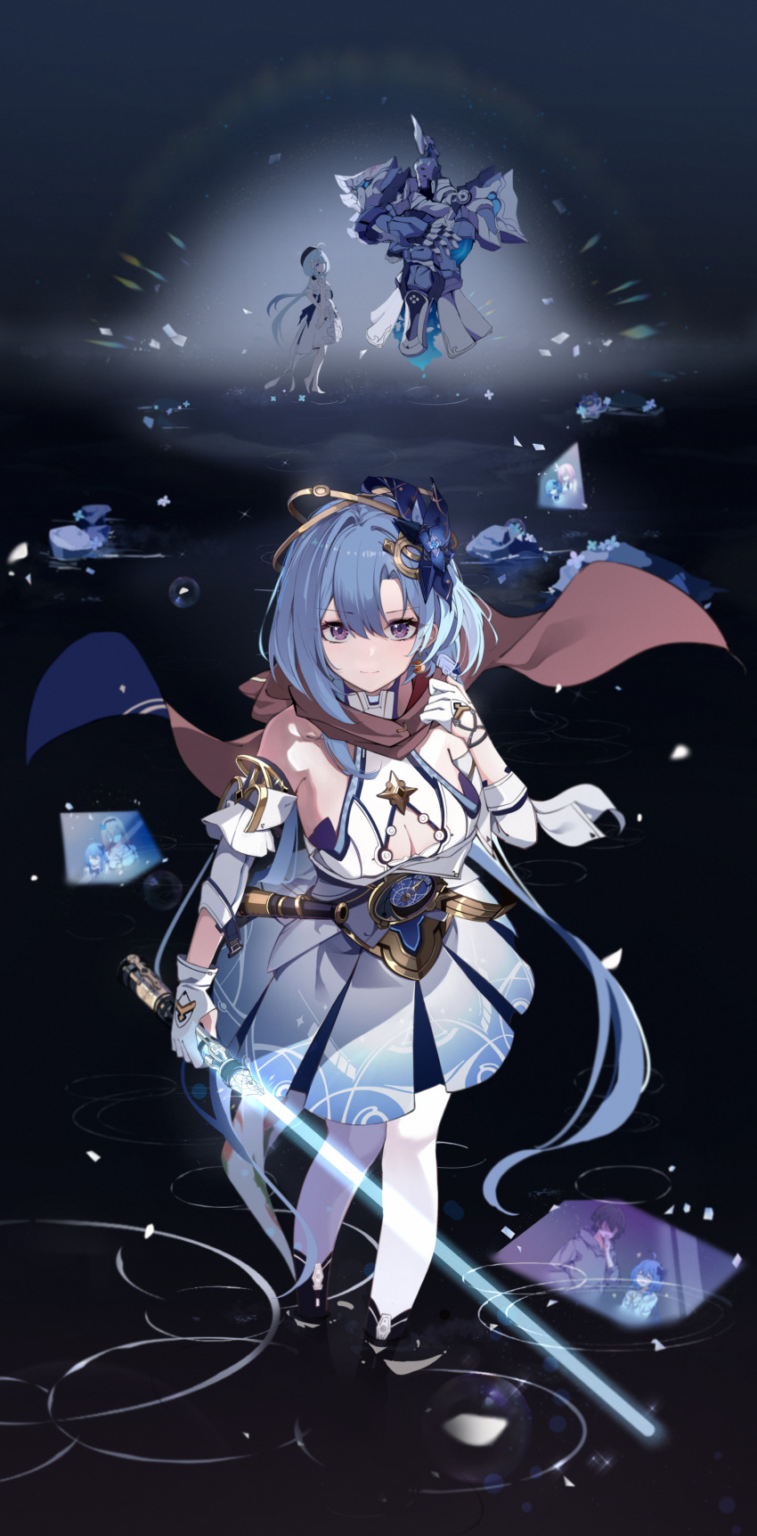 2girls absurdres ahoge aponia bare_shoulders beret blue_hair blue_lightsaber breasts cleavage closed_mouth commentary dress elysia_(honkai_impact) elysia_(miss_pink_elf)_(honkai_impact) energy_sword full_body gloves griseo griseo_(cosmic_expression) griseo_(starry_impression) hair_between_eyes hat highres holding holding_sword holding_weapon honkai_(series) honkai_impact_3rd kaya_(ayase_kaya) kosma large_breasts lightsaber long_hair looking_at_viewer mr._knight_(honkai_impact) multiple_girls purple_eyes solo_focus standing standing_on_liquid star_wars sword very_long_hair weapon white_dress white_gloves