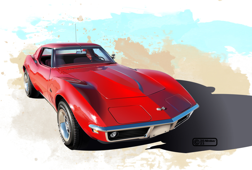 2023 artist_name car chevrolet chevrolet_corvette chevrolet_corvette_c3 commentary_request highres left-hand_drive license_plate motor_vehicle nimbus_goldbrum no_humans original realistic rear-view_mirror red_car shadow side-view_mirror steering_wheel vehicle_focus