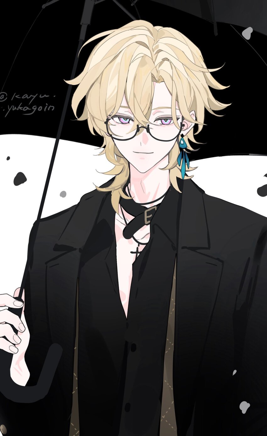 1boy artist_name aventurine_(honkai:_star_rail) belt belt_collar black-framed_eyewear black_collar black_jacket black_shirt black_umbrella blonde_hair blue_eyes buttons closed_mouth collar collared_shirt cross cross_necklace crossed_bangs earrings glasses hair_between_eyes hand_up hashtag-only_commentary highres holding holding_umbrella honkai:_star_rail honkai_(series) jacket jewelry kayu_(yukagoin) lapels long_sleeves looking_at_viewer male_focus multicolored_eyes necklace open_clothes open_jacket parted_bangs partially_unbuttoned purple_eyes semi-rimless_eyewear shirt short_hair simple_background single_earring smile solo twitter_username umbrella under-rim_eyewear upper_body white_background wing_collar
