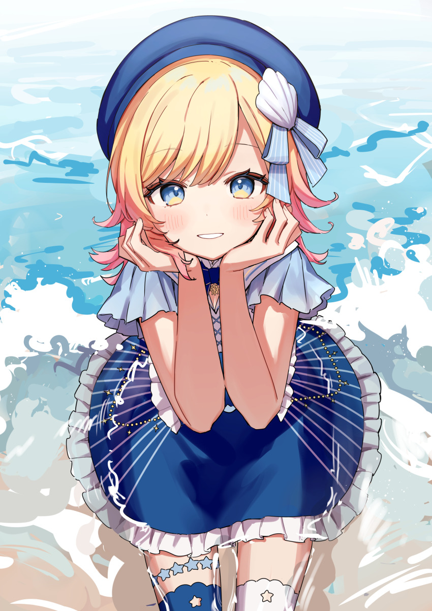 1girl absurdres aiceclass arm_support asymmetrical_legwear beach beret blonde_hair blue_bow blue_bowtie blue_dress blue_eyes blue_hat blue_thighhighs bow bowtie dress frilled_dress frills hakoniwalily hanon_(aiceclass) hat highres looking_at_viewer medium_hair mismatched_legwear outdoors shell_hair_ornament shiratakiseaice short_sleeves sitting smile solo teeth thighhighs water white_thighhighs